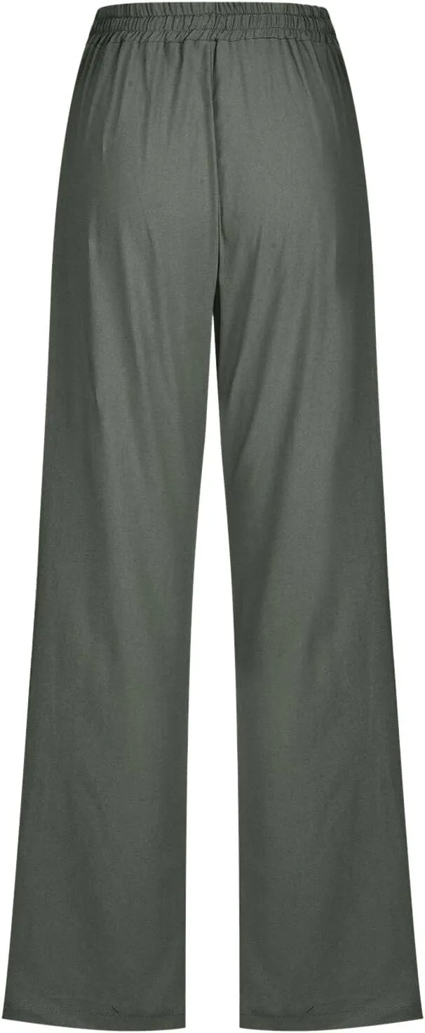 Women Wide Leg Linen Pants Dressy Casual Elastic High Waist Palazzo Pant Comfy Solid Trousers with Pocket
