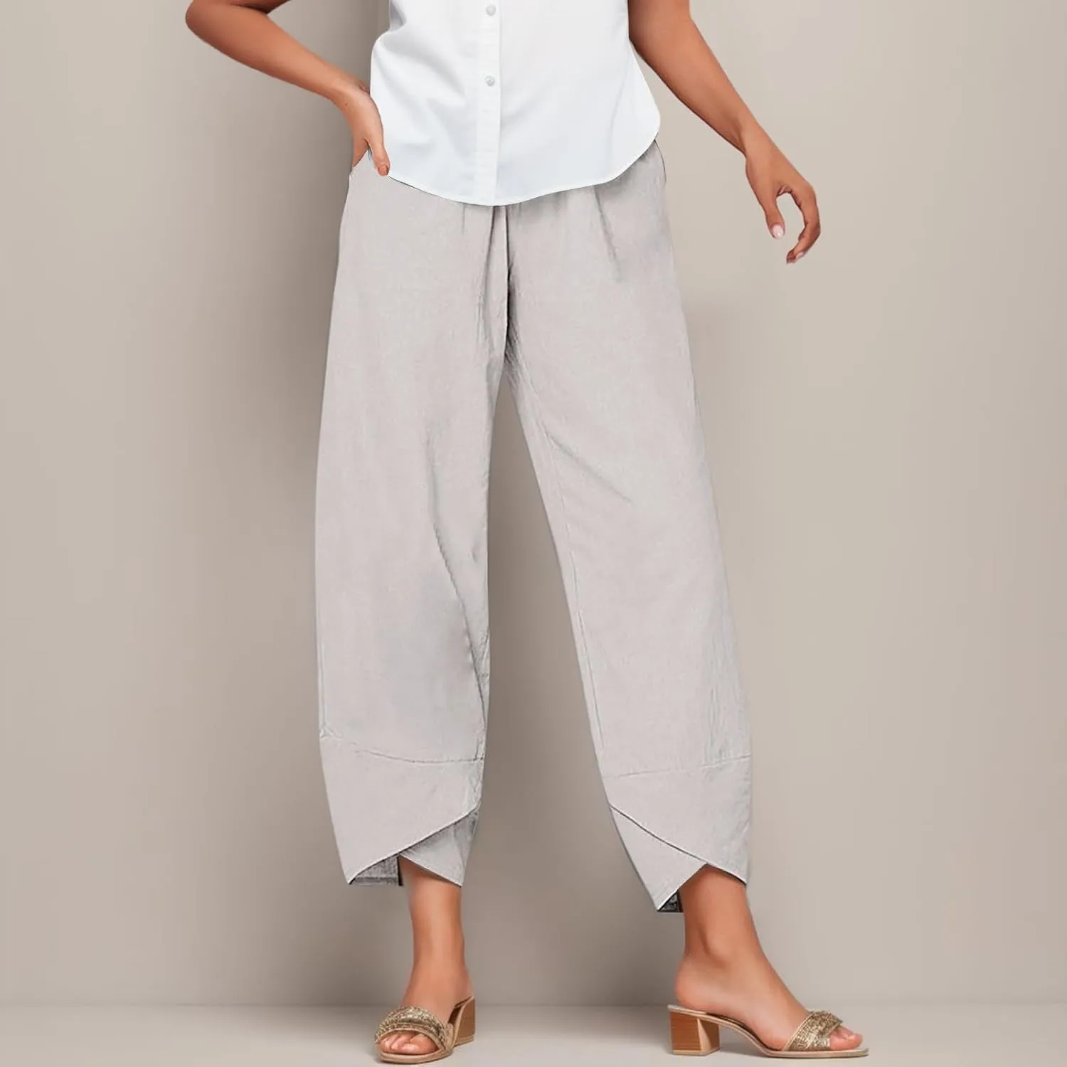 Women Wide Leg Linen Pants Dressy Casual Elastic High Waist Palazzo Pant Comfy Solid Trousers with Pocket