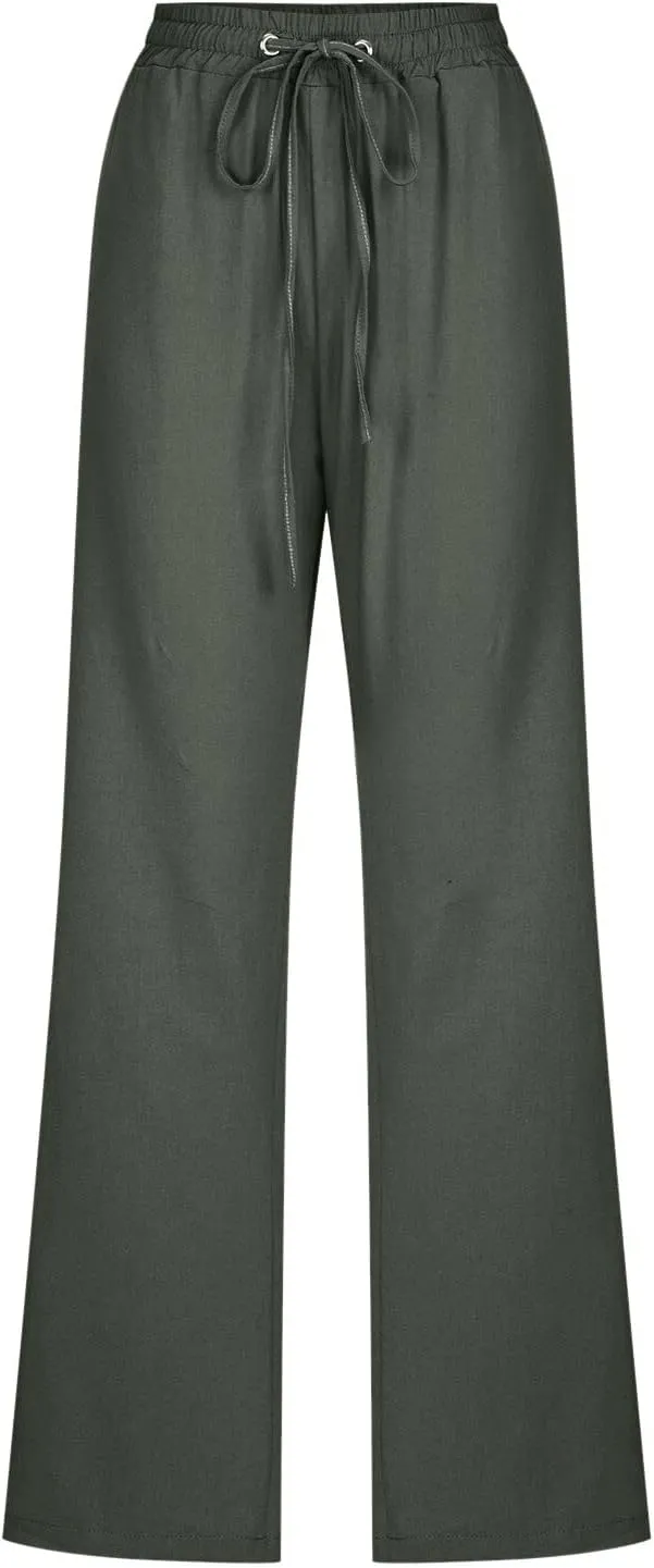 Women Wide Leg Linen Pants Dressy Casual Elastic High Waist Palazzo Pant Comfy Solid Trousers with Pocket