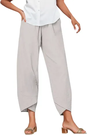 Women Wide Leg Linen Pants Dressy Casual Elastic High Waist Palazzo Pant Comfy Solid Trousers with Pocket