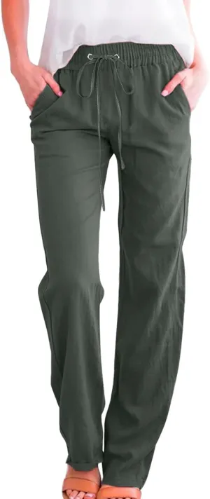 Women Wide Leg Linen Pants Dressy Casual Elastic High Waist Palazzo Pant Comfy Solid Trousers with Pocket