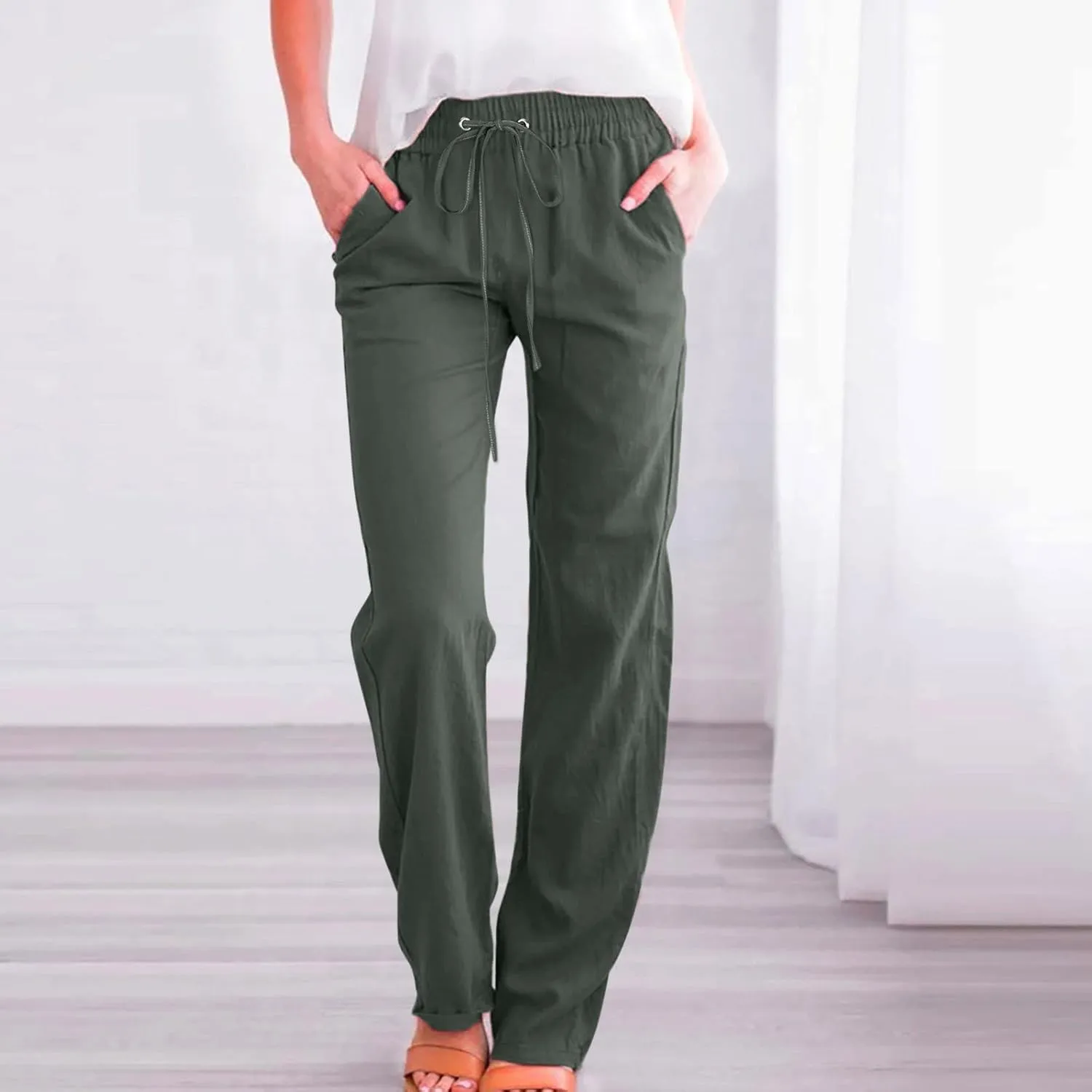 Women Wide Leg Linen Pants Dressy Casual Elastic High Waist Palazzo Pant Comfy Solid Trousers with Pocket