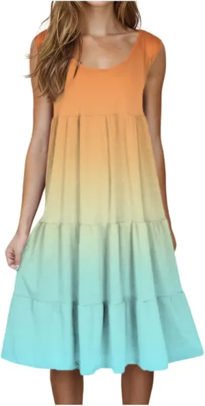 Women's 2025 Summer Flowy Midi Dress Casual Sleeveless Crew Neck Sundresses Lightweight Boho Beach A-Line Dresses