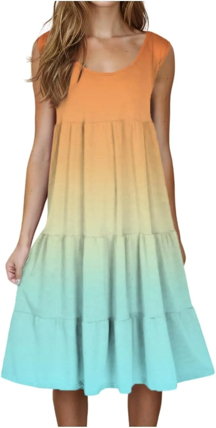Women's 2025 Summer Flowy Midi Dress Casual Sleeveless Crew Neck Sundresses Lightweight Boho Beach A-Line Dresses