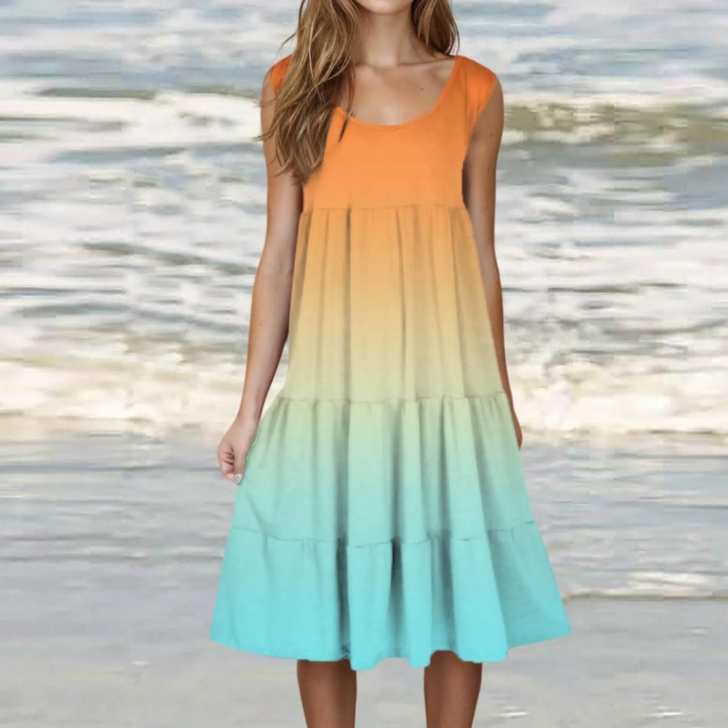 Women's 2025 Summer Flowy Midi Dress Casual Sleeveless Crew Neck Sundresses Lightweight Boho Beach A-Line Dresses
