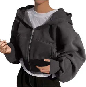 Women's Black Zip Up Hoodie Cropped Oversized Fleece Sweatshirt Hood Streetwear Jacket Fall 2024 Streetwear Daliy