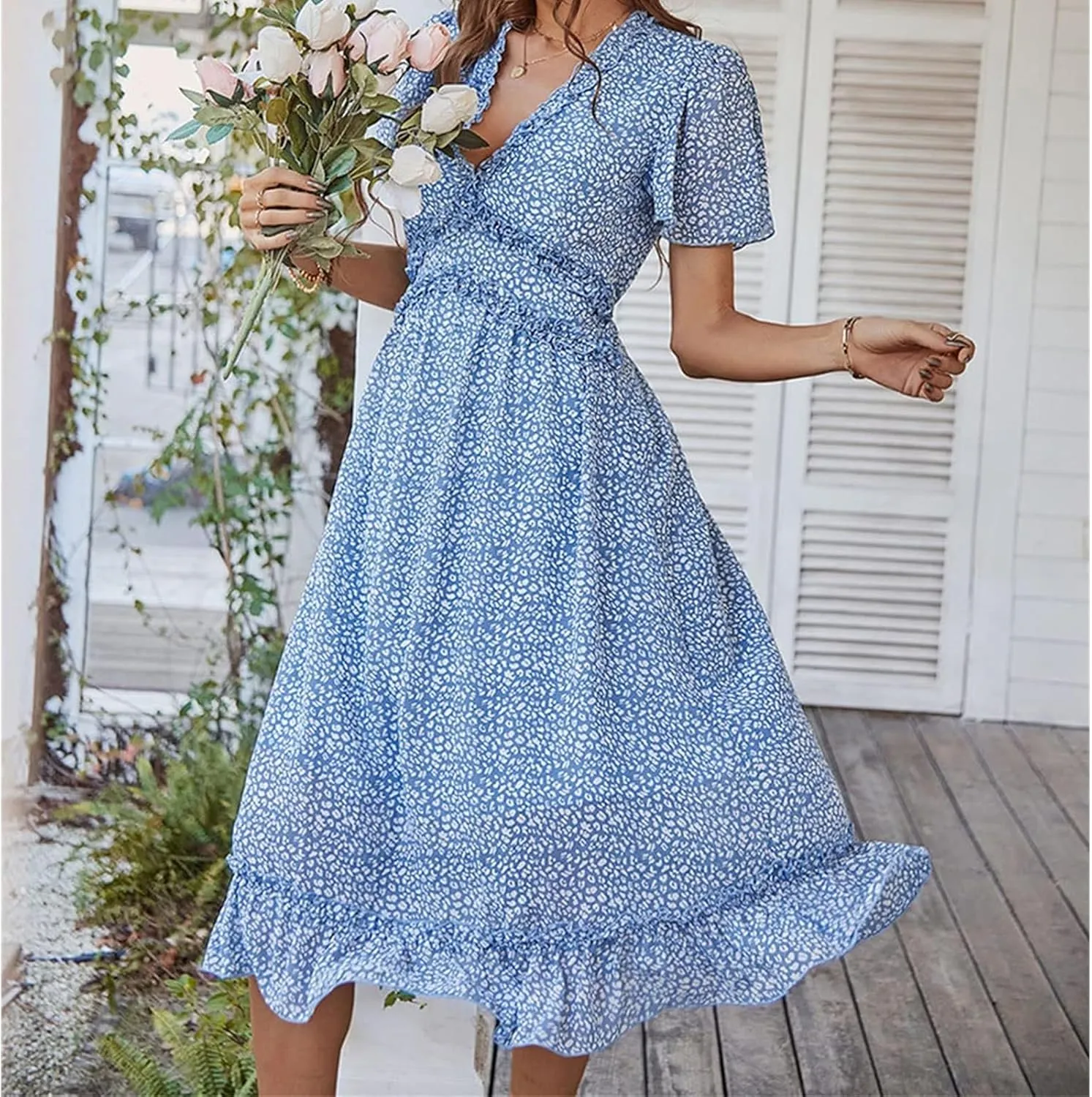 Womens Boho Ruffle Wrap Midi Dress High Waist V Neck A Line Dresses Flowy Beach Summer Dress
