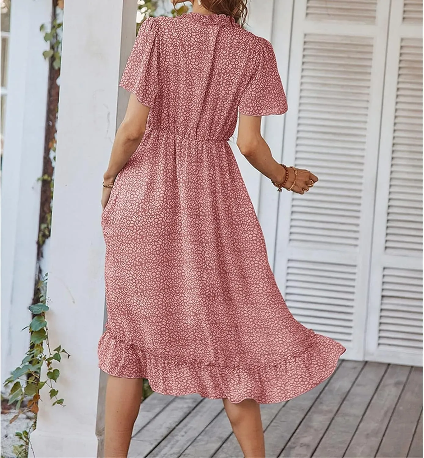 Womens Boho Ruffle Wrap Midi Dress High Waist V Neck A Line Dresses Flowy Beach Summer Dress
