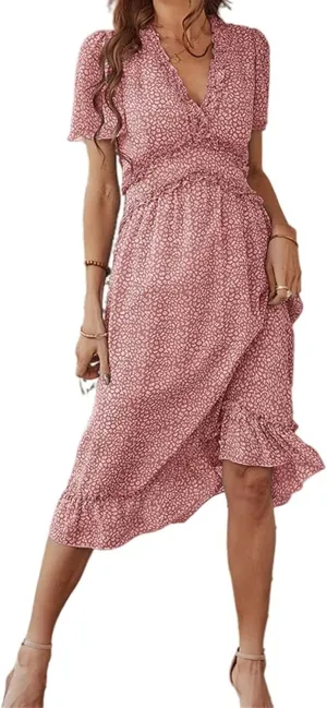 Womens Boho Ruffle Wrap Midi Dress High Waist V Neck A Line Dresses Flowy Beach Summer Dress