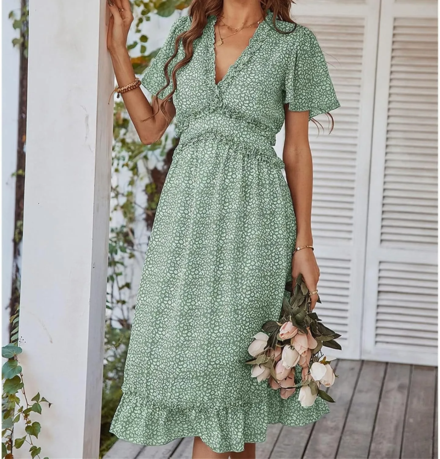 Womens Boho Ruffle Wrap Midi Dress High Waist V Neck A Line Dresses Flowy Beach Summer Dress