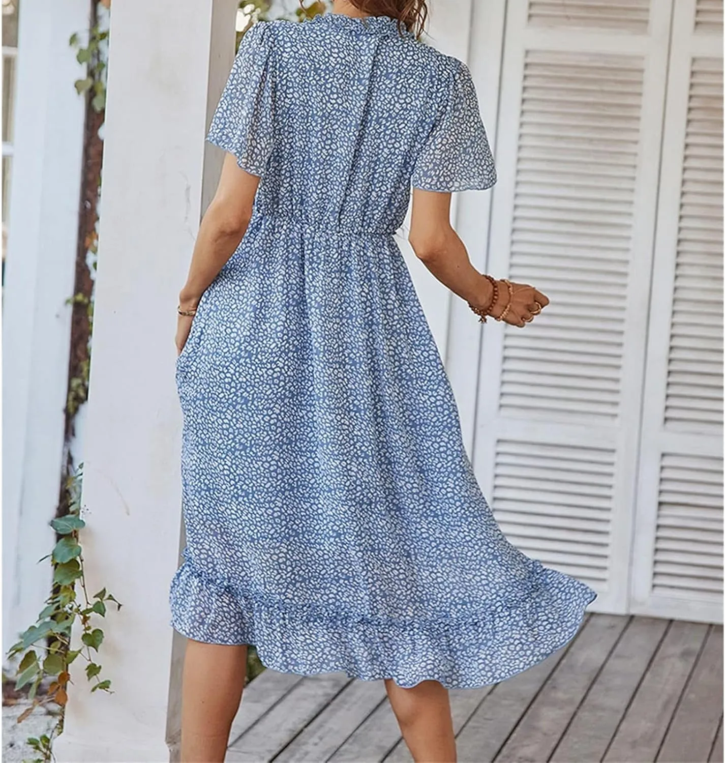 Womens Boho Ruffle Wrap Midi Dress High Waist V Neck A Line Dresses Flowy Beach Summer Dress