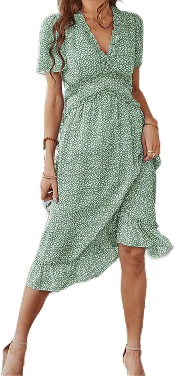Womens Boho Ruffle Wrap Midi Dress High Waist V Neck A Line Dresses Flowy Beach Summer Dress