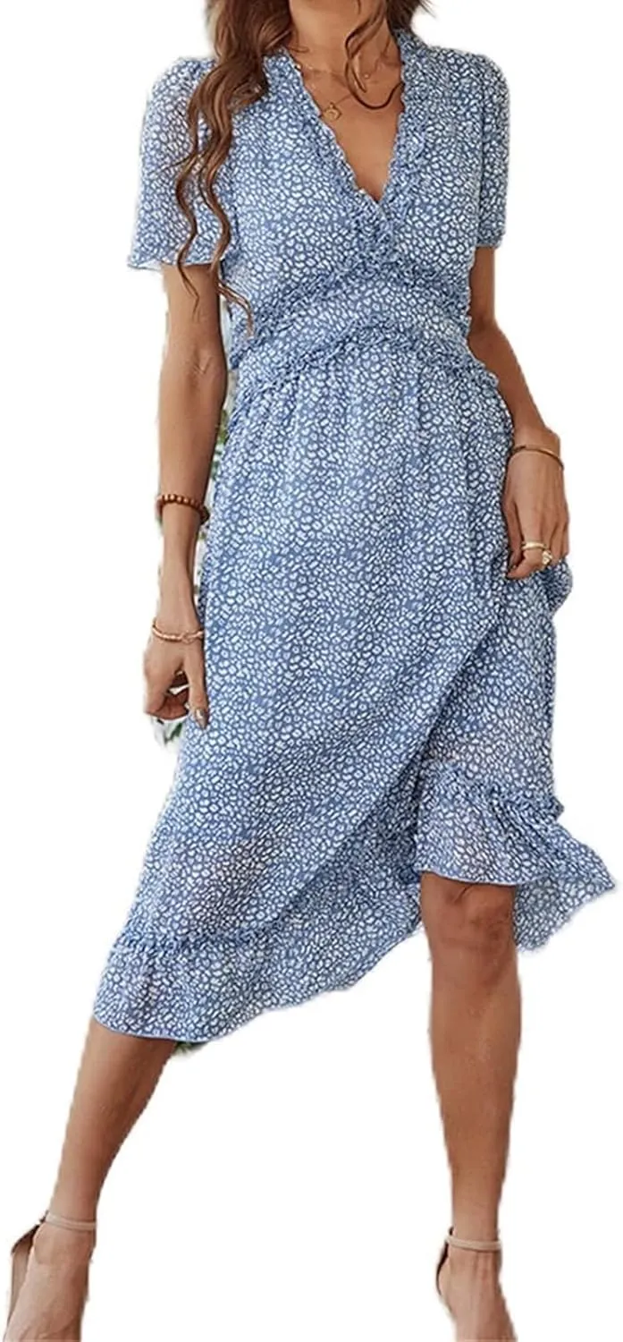 Womens Boho Ruffle Wrap Midi Dress High Waist V Neck A Line Dresses Flowy Beach Summer Dress