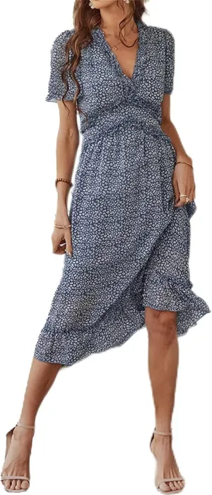 Womens Boho Ruffle Wrap Midi Dress High Waist V Neck A Line Dresses Flowy Beach Summer Dress