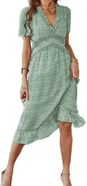 Womens Boho Ruffle Wrap Midi Dress High Waist V Neck A Line Dresses Flowy Beach Summer Dress