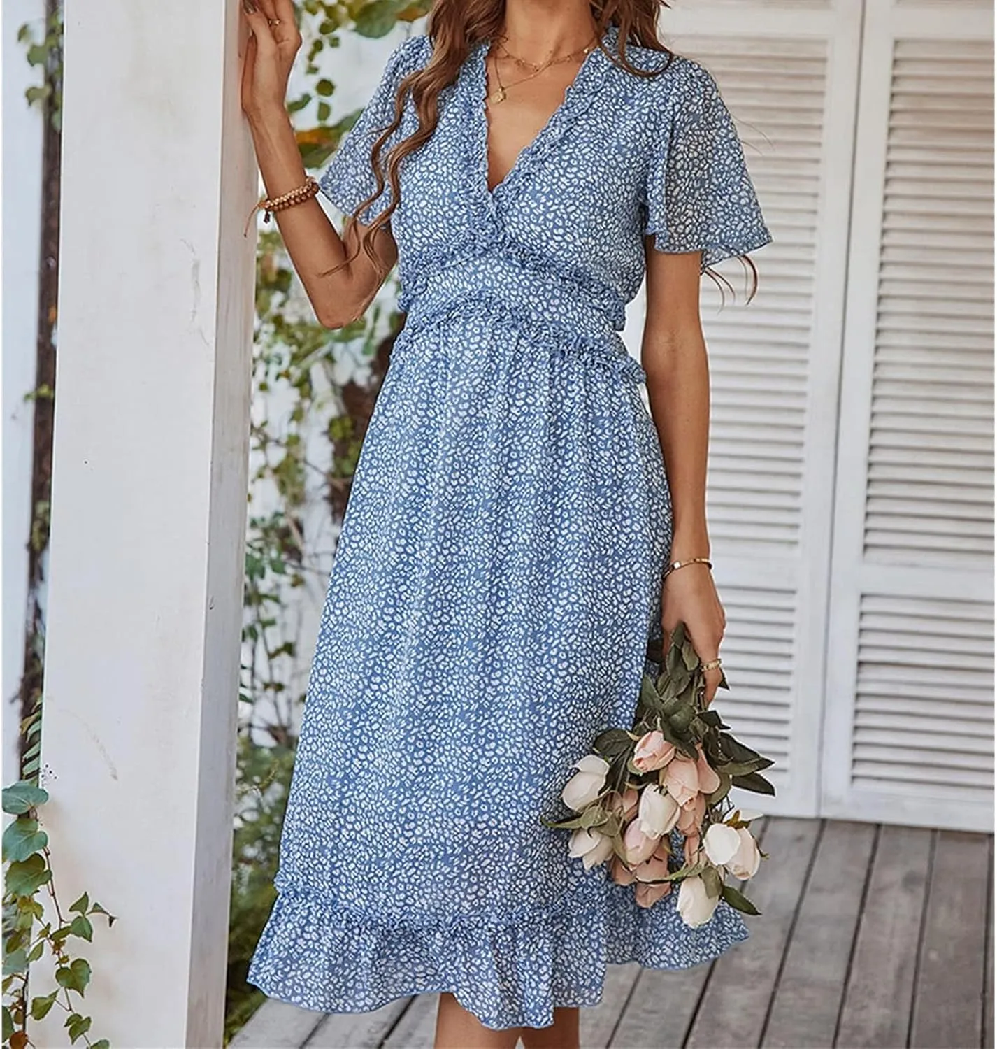 Womens Boho Ruffle Wrap Midi Dress High Waist V Neck A Line Dresses Flowy Beach Summer Dress