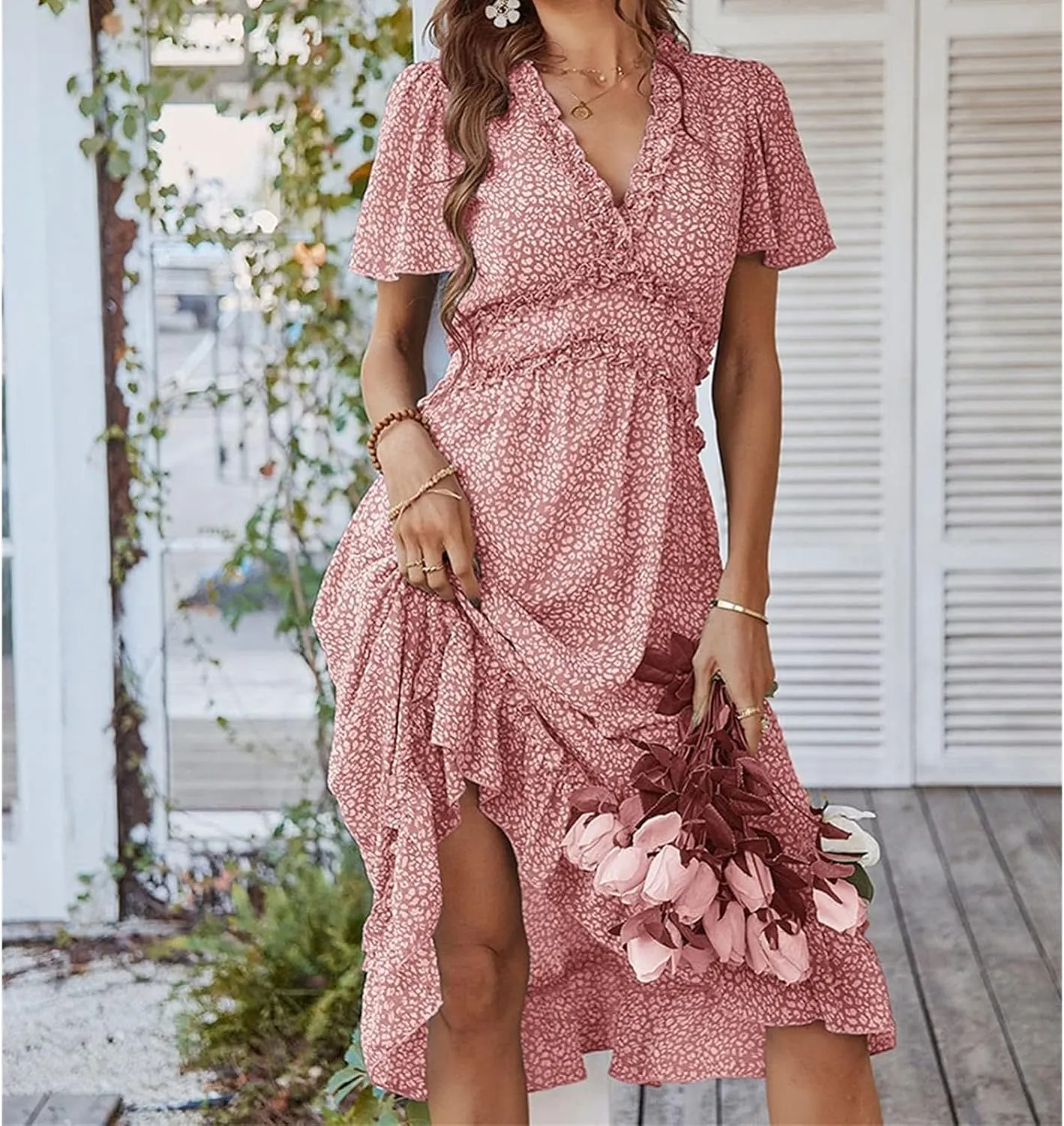 Womens Boho Ruffle Wrap Midi Dress High Waist V Neck A Line Dresses Flowy Beach Summer Dress