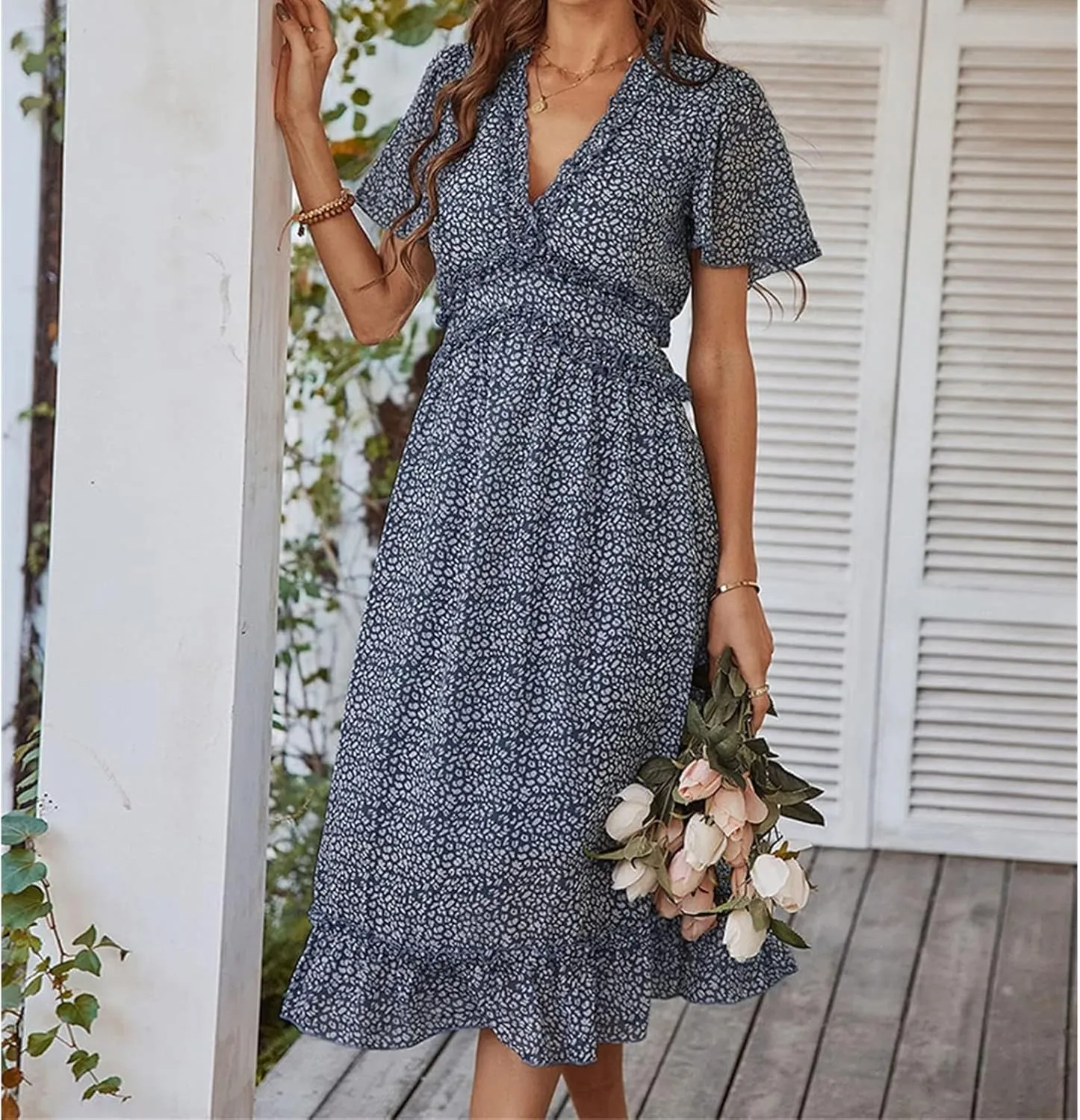 Womens Boho Ruffle Wrap Midi Dress High Waist V Neck A Line Dresses Flowy Beach Summer Dress