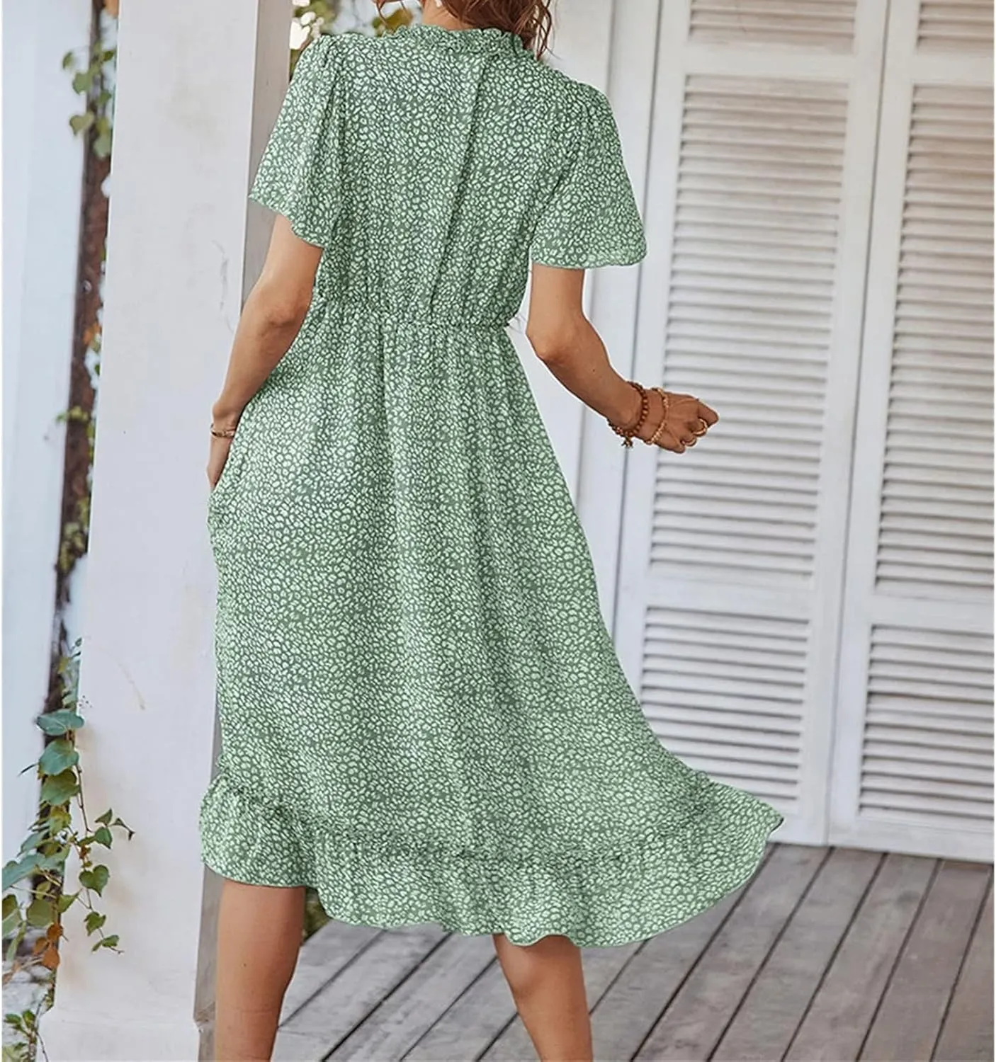 Womens Boho Ruffle Wrap Midi Dress High Waist V Neck A Line Dresses Flowy Beach Summer Dress