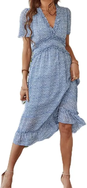 Womens Boho Ruffle Wrap Midi Dress High Waist V Neck A Line Dresses Flowy Beach Summer Dress
