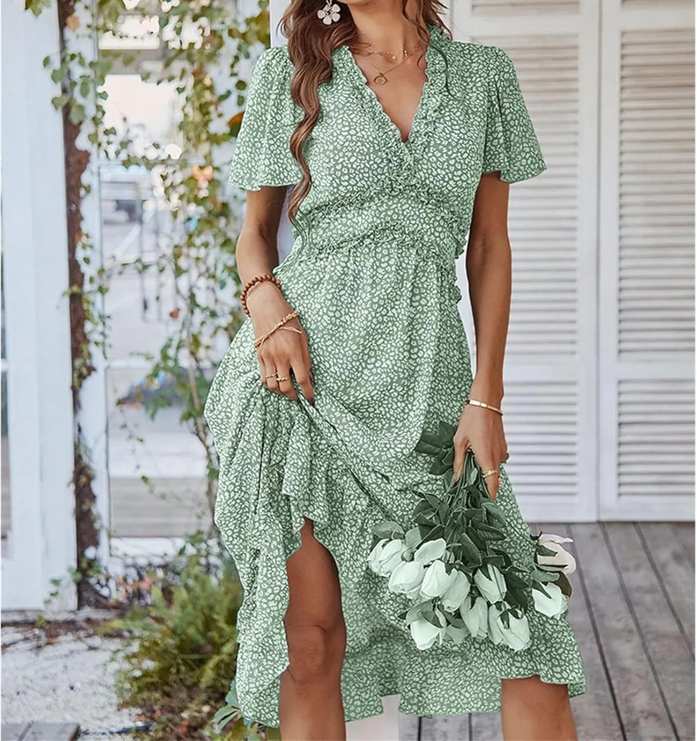 Womens Boho Ruffle Wrap Midi Dress High Waist V Neck A Line Dresses Flowy Beach Summer Dress