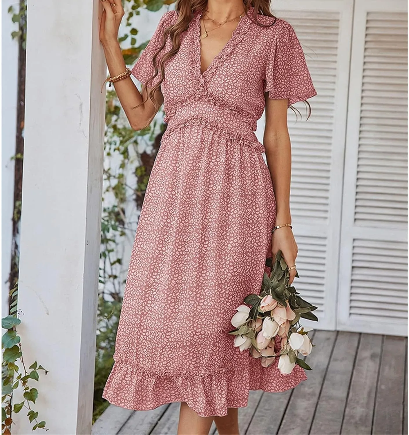 Womens Boho Ruffle Wrap Midi Dress High Waist V Neck A Line Dresses Flowy Beach Summer Dress