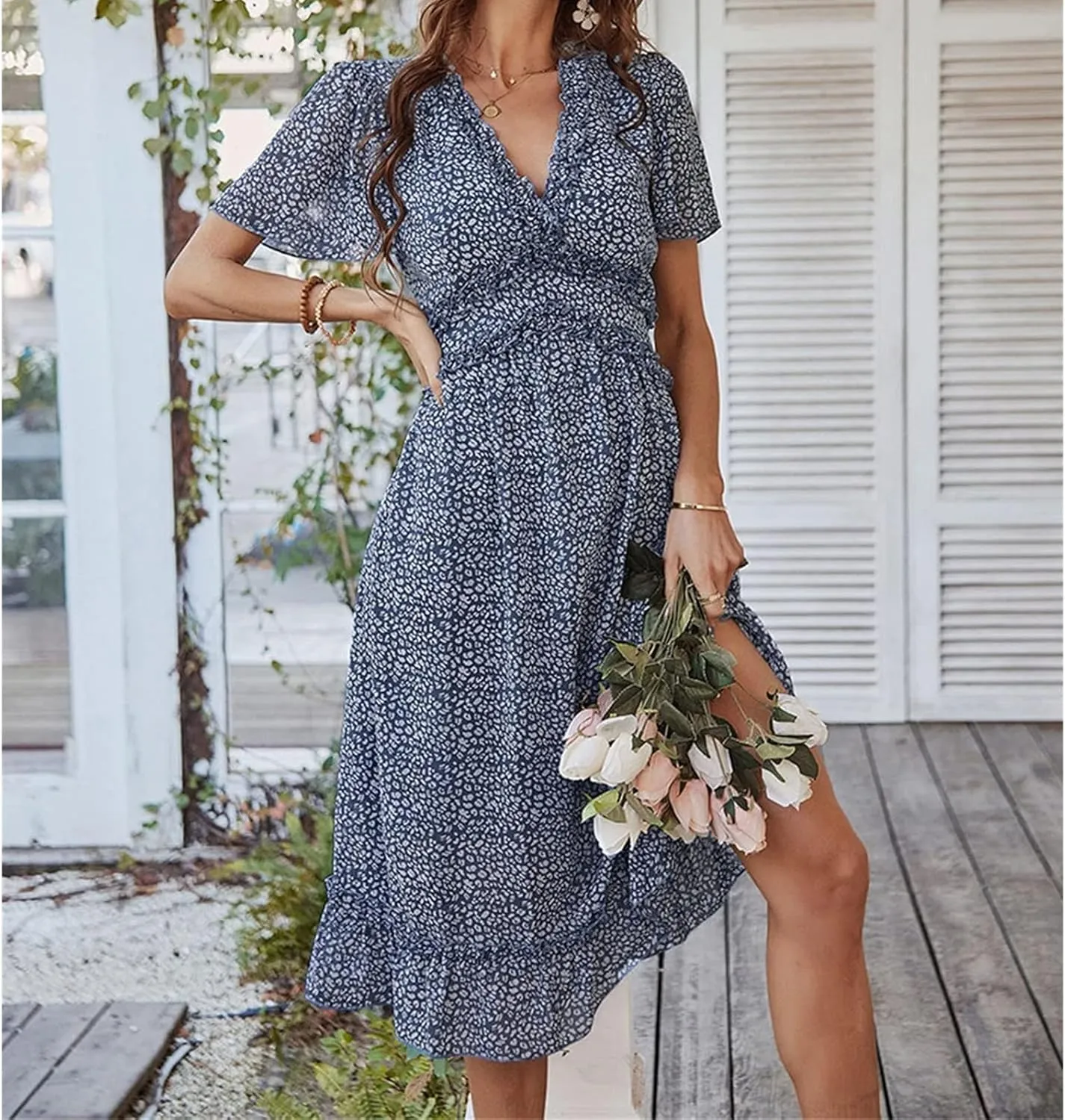 Womens Boho Ruffle Wrap Midi Dress High Waist V Neck A Line Dresses Flowy Beach Summer Dress