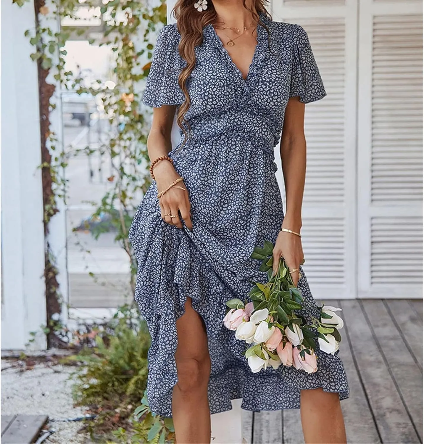 Womens Boho Ruffle Wrap Midi Dress High Waist V Neck A Line Dresses Flowy Beach Summer Dress