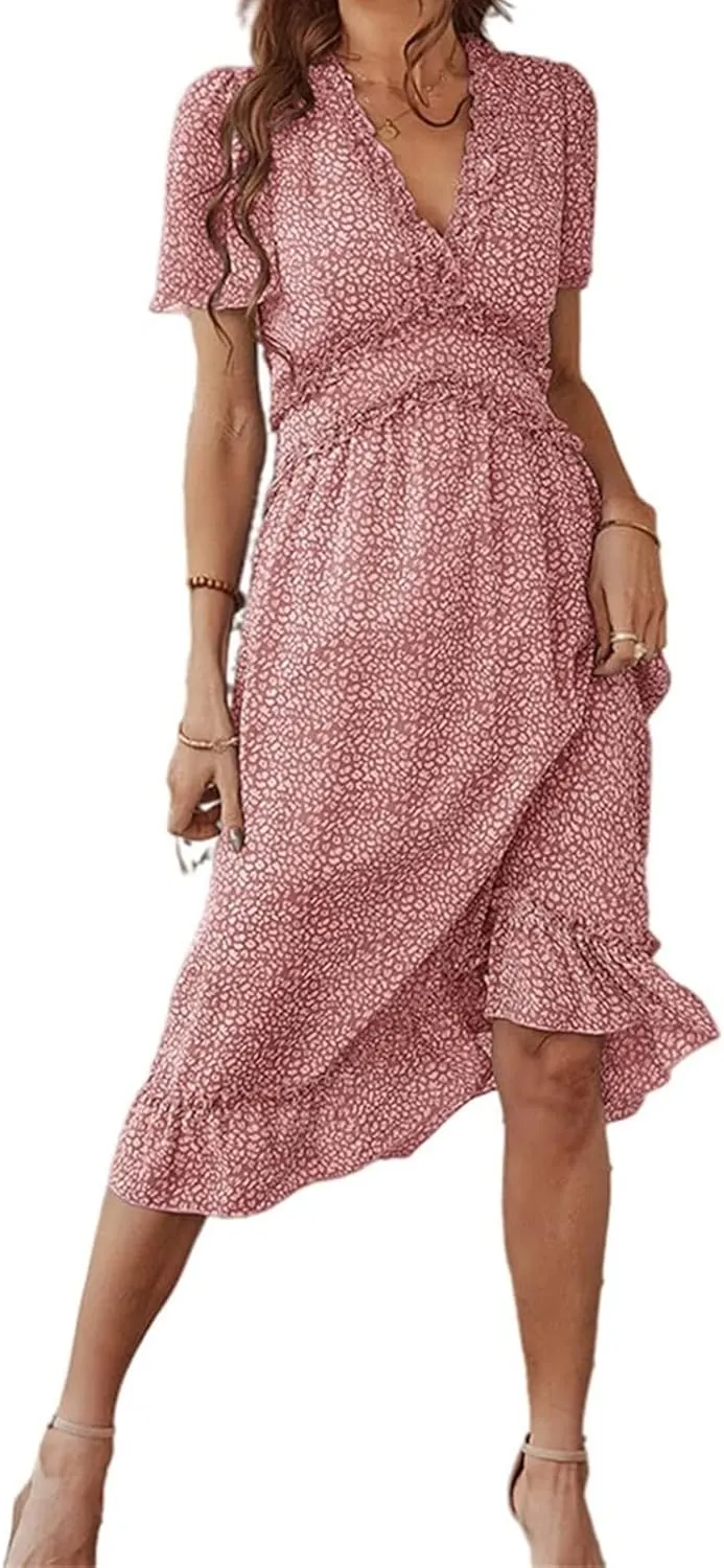 Womens Boho Ruffle Wrap Midi Dress High Waist V Neck A Line Dresses Flowy Beach Summer Dress