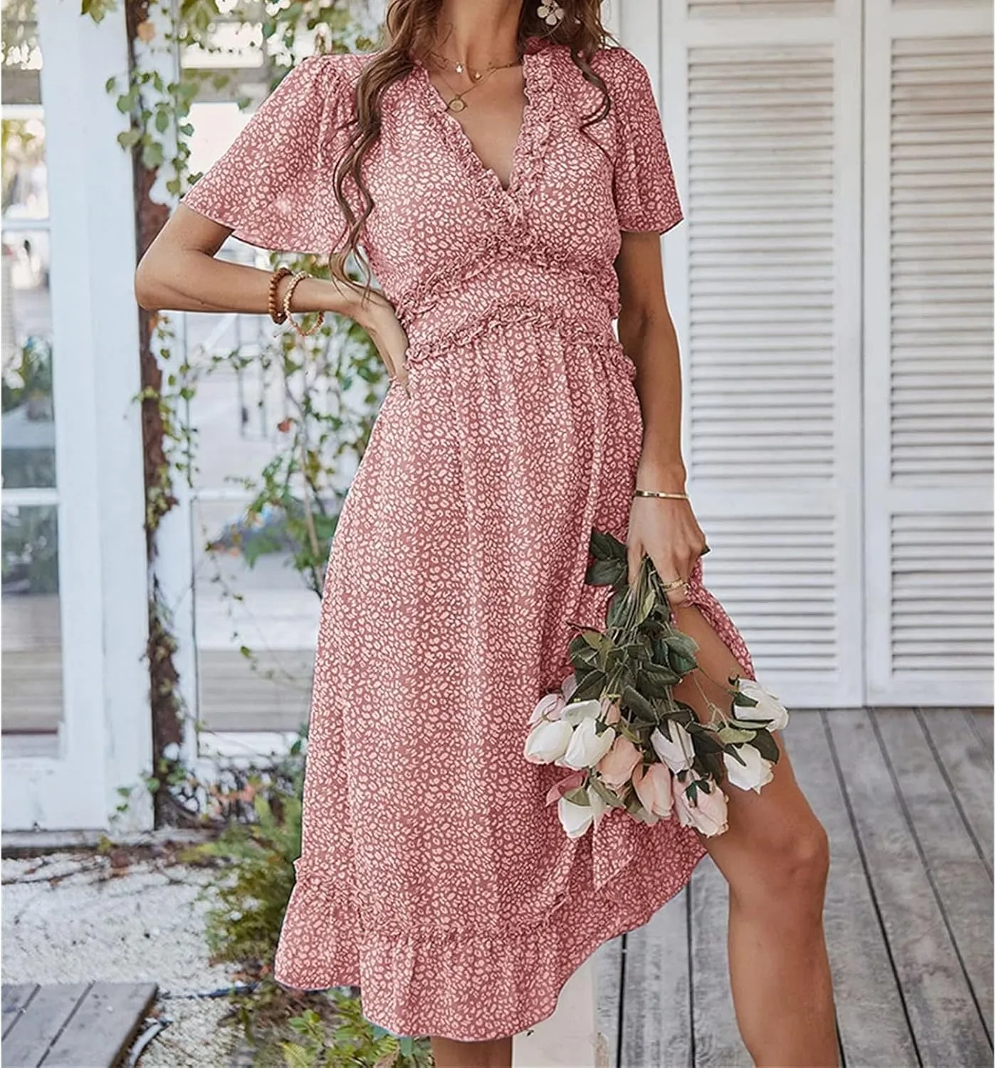 Womens Boho Ruffle Wrap Midi Dress High Waist V Neck A Line Dresses Flowy Beach Summer Dress