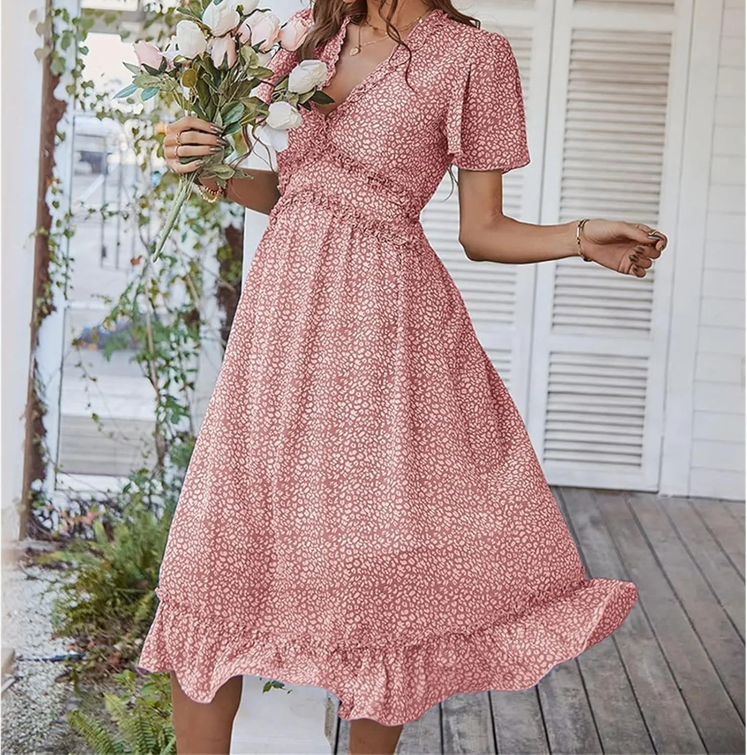 Womens Boho Ruffle Wrap Midi Dress High Waist V Neck A Line Dresses Flowy Beach Summer Dress