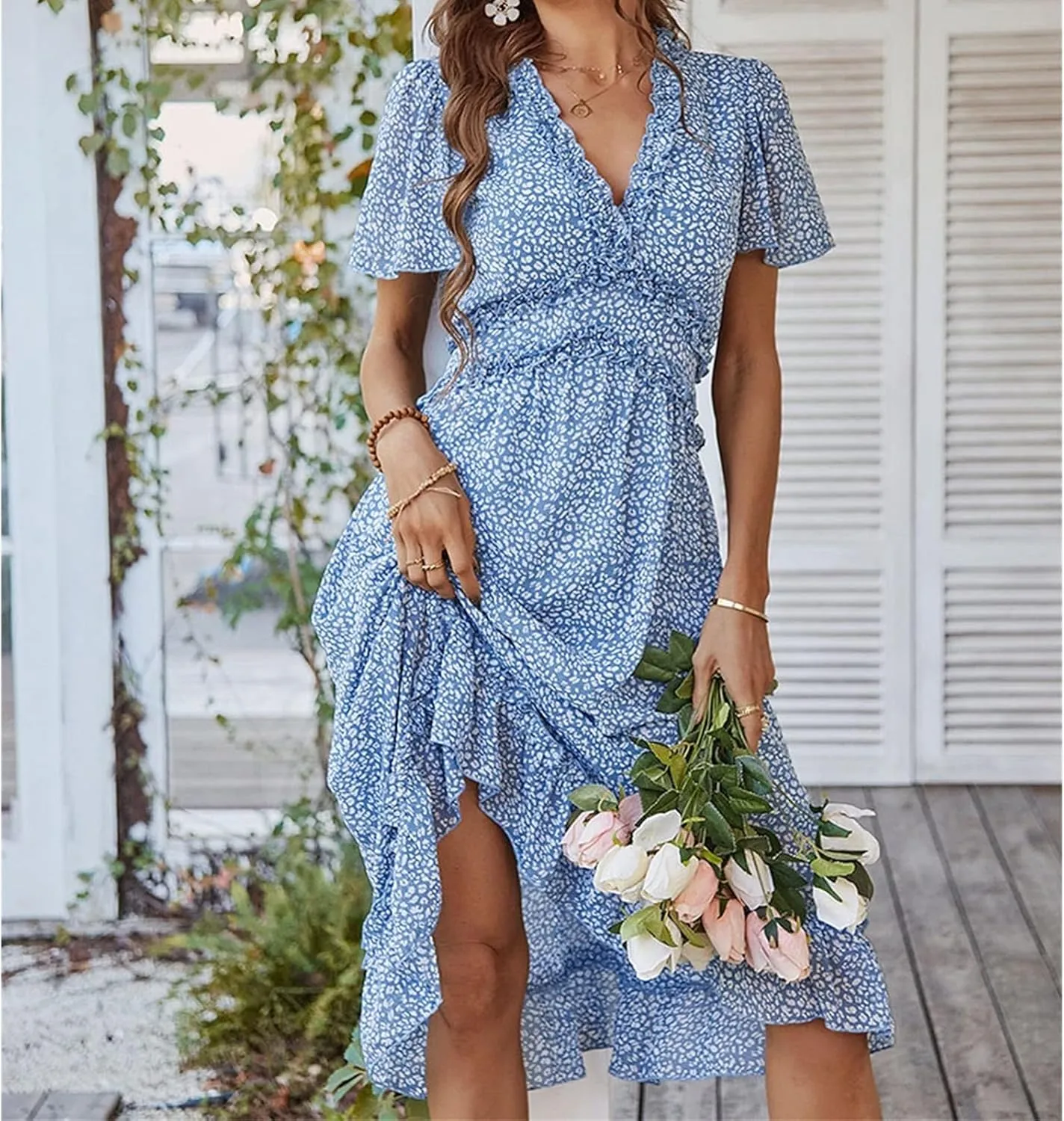 Womens Boho Ruffle Wrap Midi Dress High Waist V Neck A Line Dresses Flowy Beach Summer Dress