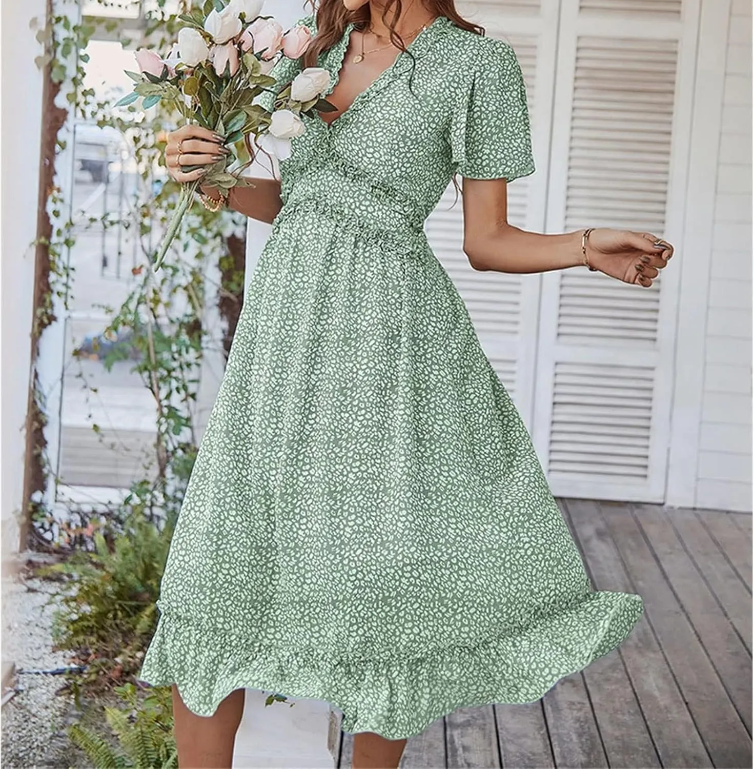 Womens Boho Ruffle Wrap Midi Dress High Waist V Neck A Line Dresses Flowy Beach Summer Dress