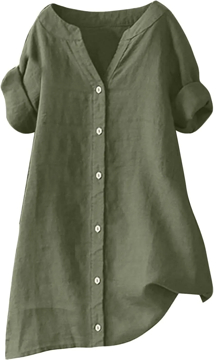 Womens Button Shirts Linen 3/4 Length Sleeve V Neck Oversized Shirt Casual Loose Plain Blouses Tunic Top