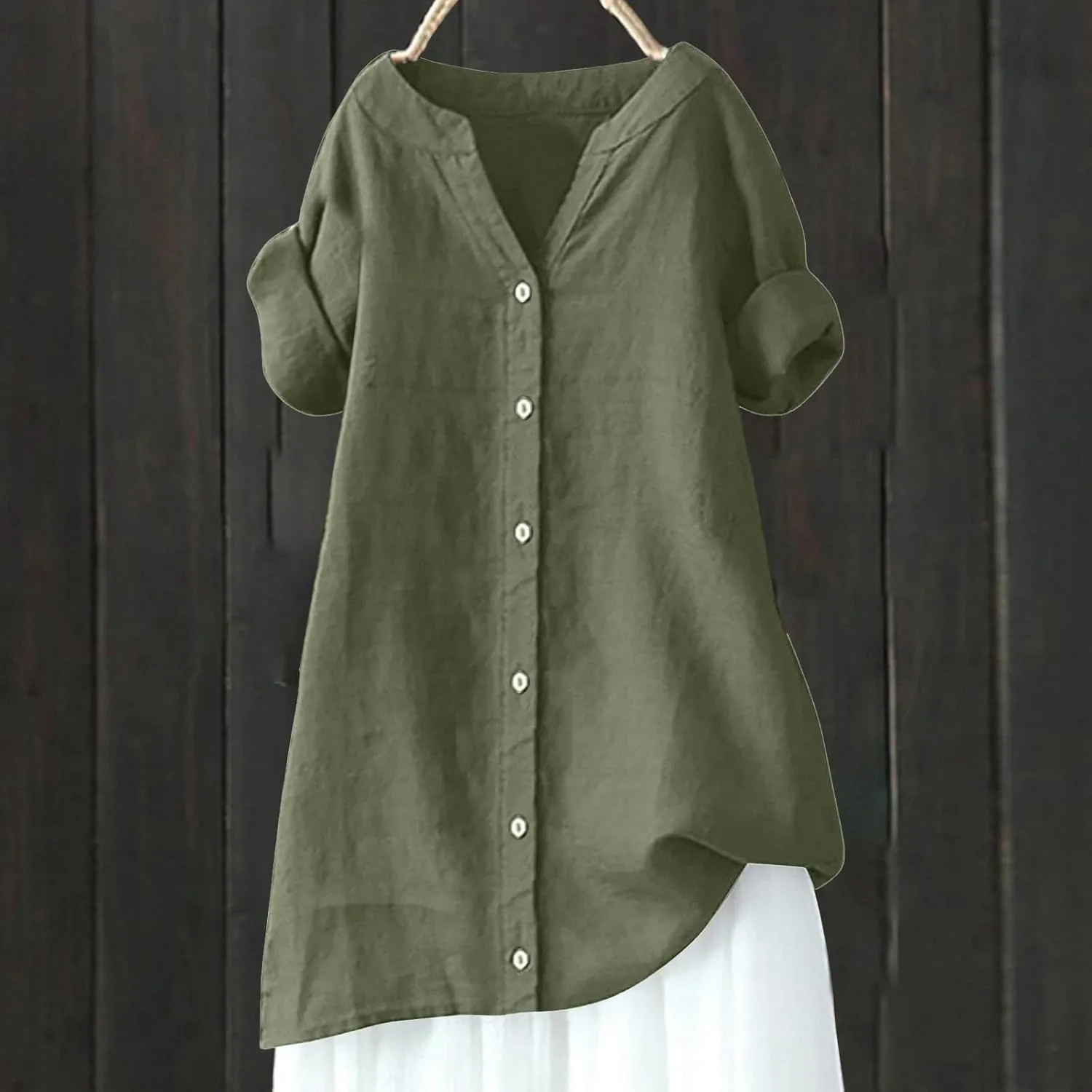 Womens Button Shirts Linen 3/4 Length Sleeve V Neck Oversized Shirt Casual Loose Plain Blouses Tunic Top