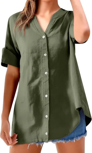 Womens Button Shirts Linen 3/4 Length Sleeve V Neck Oversized Shirt Casual Loose Plain Blouses Tunic Top