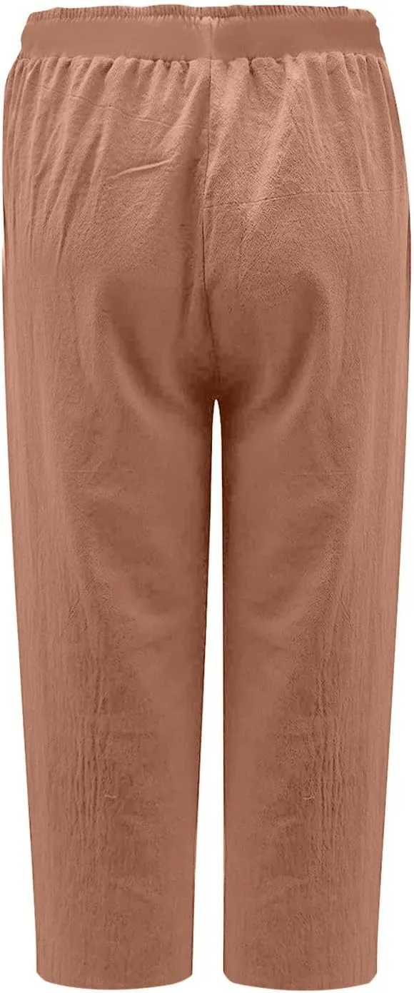 Womens Capris Casual Loose Drawstring Elastic Waist Linen Pants Beach Wear Trendy Summer Lounge Cropped Trouser 2025