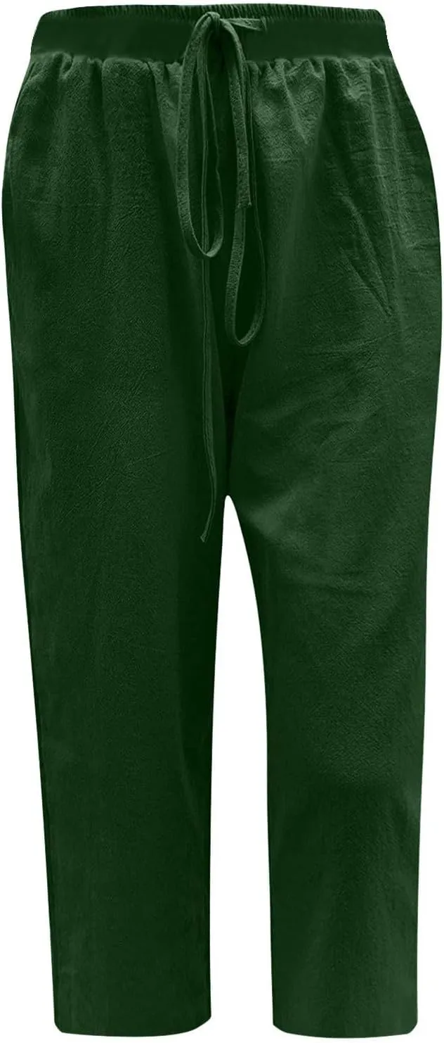 Womens Capris Casual Loose Drawstring Elastic Waist Linen Pants Beach Wear Trendy Summer Lounge Cropped Trouser 2025