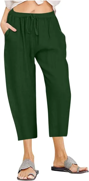 Womens Capris Casual Loose Drawstring Elastic Waist Linen Pants Beach Wear Trendy Summer Lounge Cropped Trouser 2025