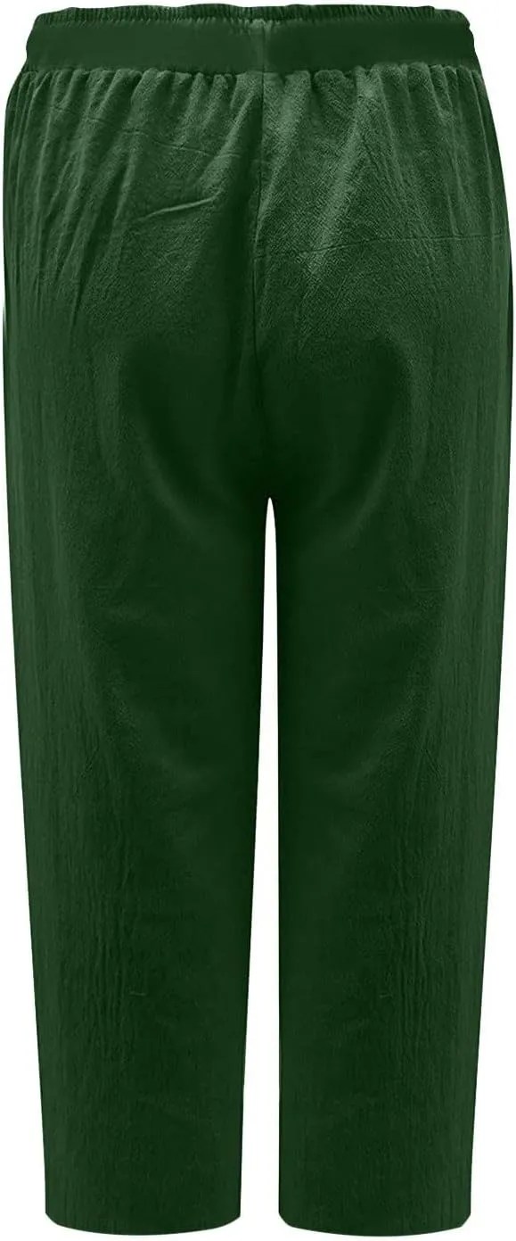 Womens Capris Casual Loose Drawstring Elastic Waist Linen Pants Beach Wear Trendy Summer Lounge Cropped Trouser 2025