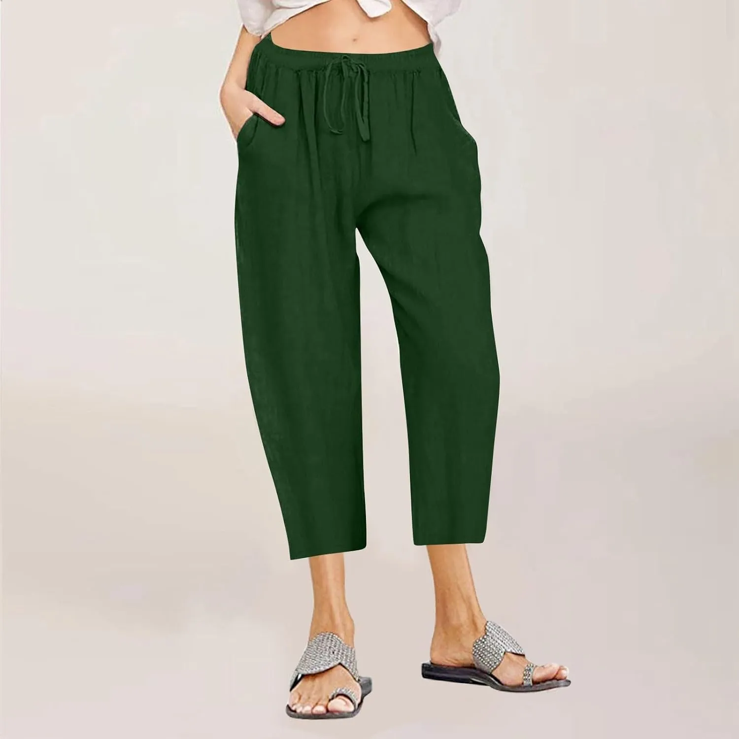 Womens Capris Casual Loose Drawstring Elastic Waist Linen Pants Beach Wear Trendy Summer Lounge Cropped Trouser 2025
