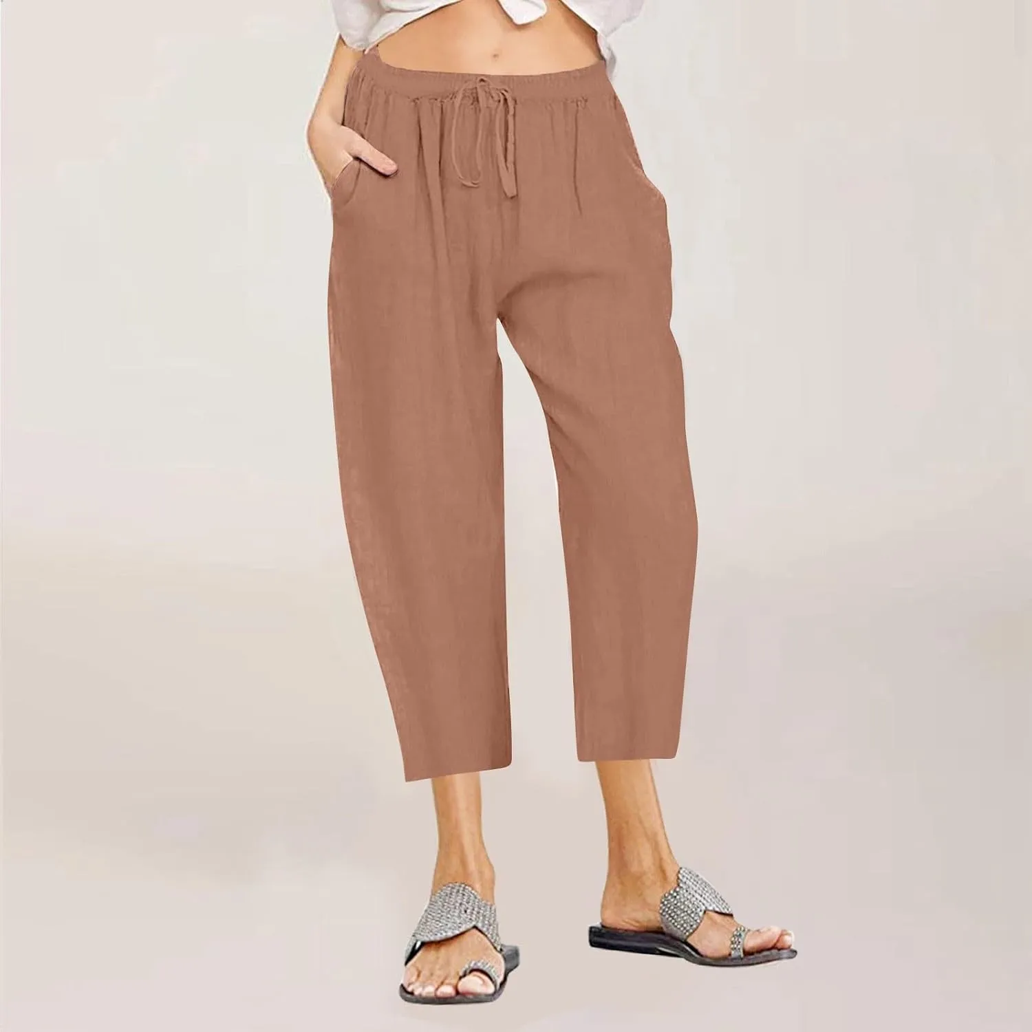 Womens Capris Casual Loose Drawstring Elastic Waist Linen Pants Beach Wear Trendy Summer Lounge Cropped Trouser 2025