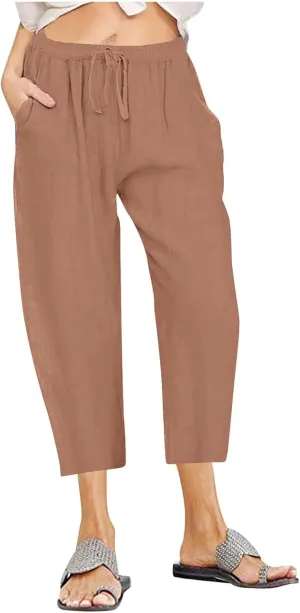 Womens Capris Casual Loose Drawstring Elastic Waist Linen Pants Beach Wear Trendy Summer Lounge Cropped Trouser 2025