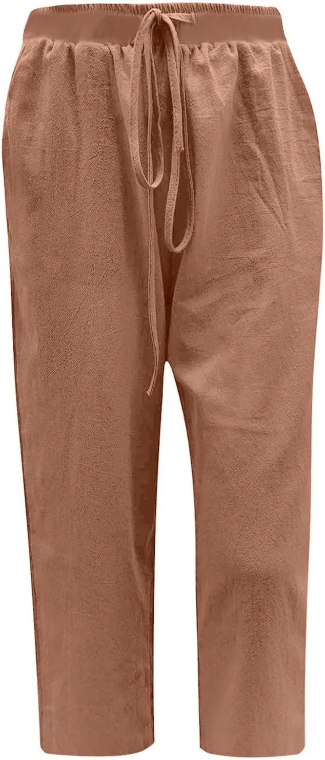 Womens Capris Casual Loose Drawstring Elastic Waist Linen Pants Beach Wear Trendy Summer Lounge Cropped Trouser 2025