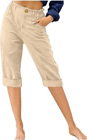 Womens Capris for Summer 2025 Plus Size Linen Pants Lightweight Wide Leg Palazzo Crop Pants Loose Comfy Beach Capris