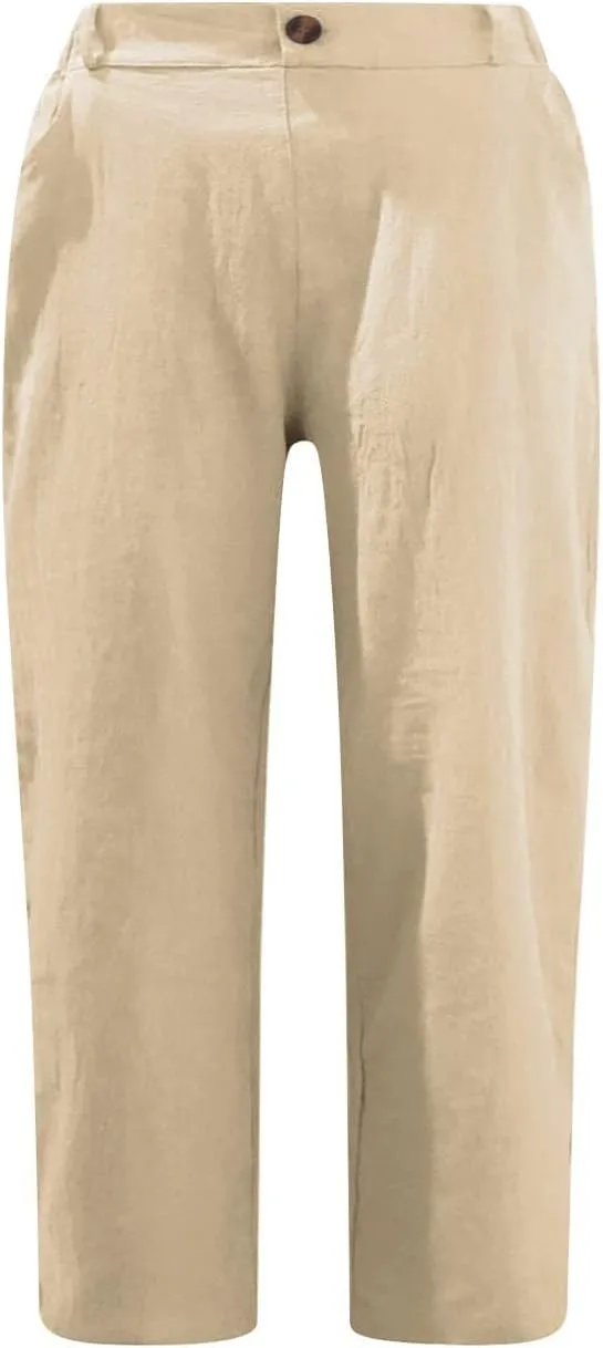 Womens Capris for Summer 2025 Plus Size Linen Pants Lightweight Wide Leg Palazzo Crop Pants Loose Comfy Beach Capris