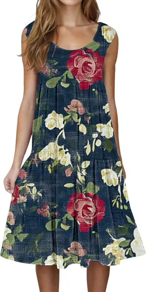 Womens Casual Dress for Summer Dress Loose Flowy Beach Dress Crew Neck A-Line Dresses Midi Sundress 2025