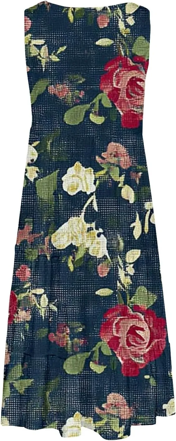 Womens Casual Dress for Summer Dress Loose Flowy Beach Dress Crew Neck A-Line Dresses Midi Sundress 2025