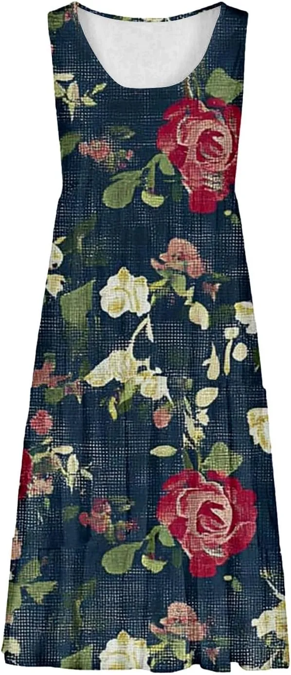 Womens Casual Dress for Summer Dress Loose Flowy Beach Dress Crew Neck A-Line Dresses Midi Sundress 2025