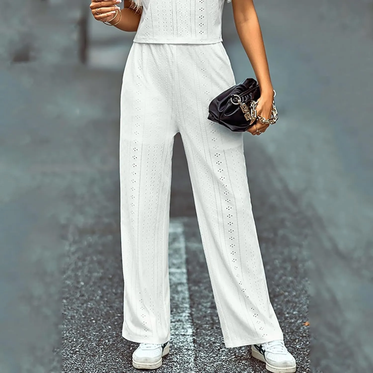 Women's Casual Elastic High Waist Trousers with Pockets Lightweight Straight Wide Leg Plus Size Casual Business Pants